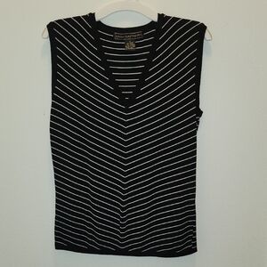 Linda Matthews Size Small Knit, V-Neck Tank, Black & White Stripe